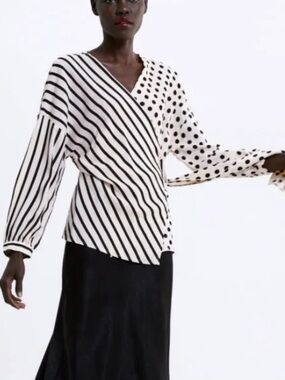 Zara Black and White Mixed-Print Wrap Blouse